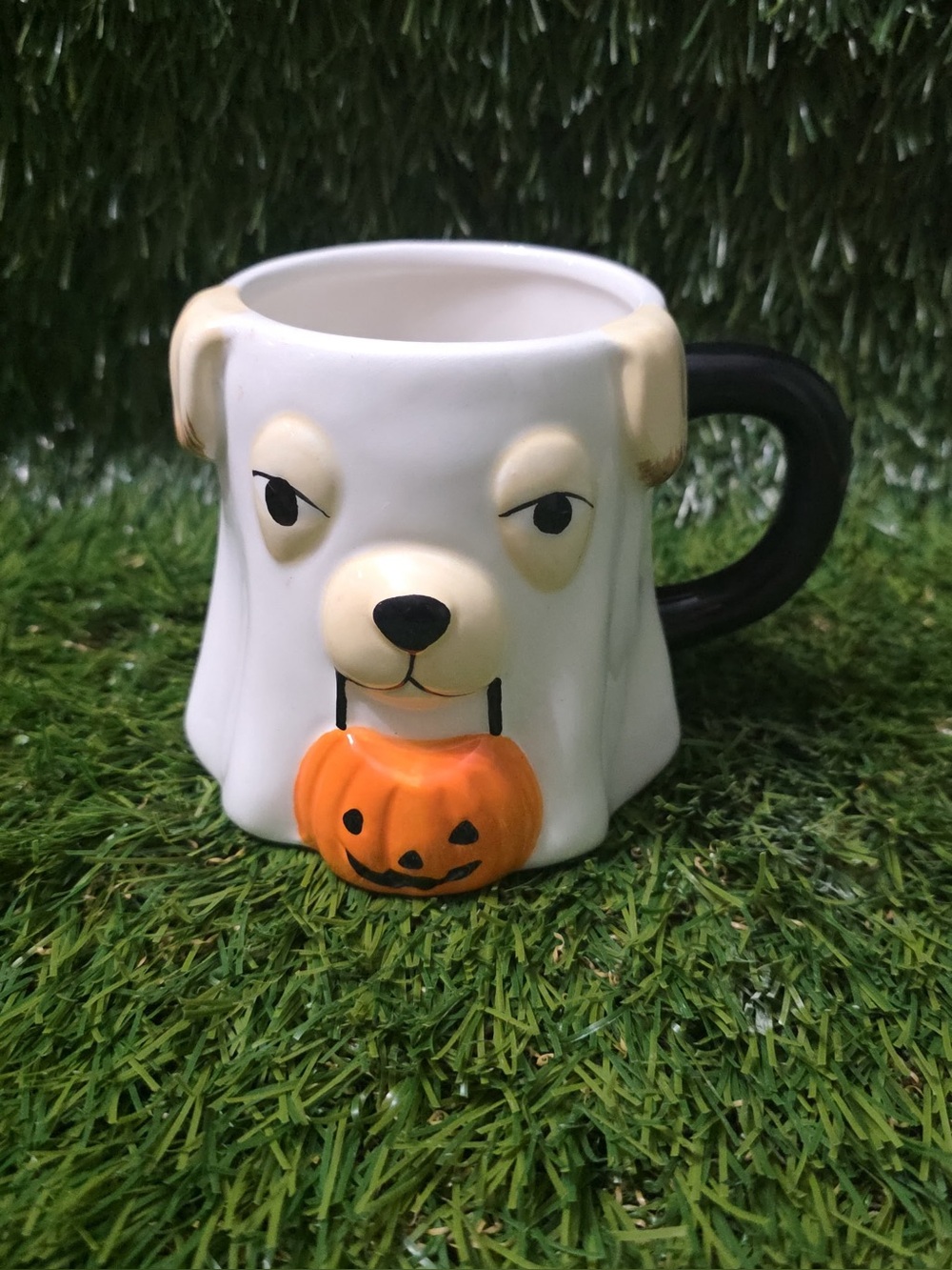 White Halloween Dog Face Ceramic Mug with Orange Pumpkin